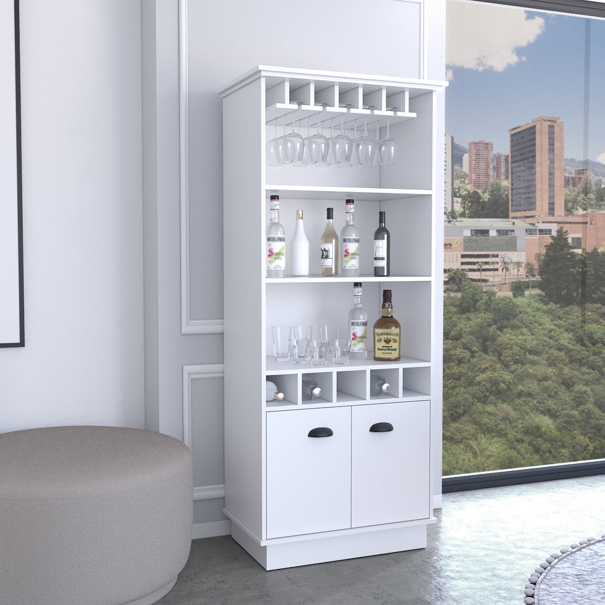 Dundee 70-Inch High 10-Glass Bar Cabinet with 5 Cubbies and 3 Open Shelves and Cabinet White
