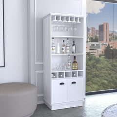 Dundee 70-Inch High 10-Glass Bar Cabinet with 5 Cubbies and 3 Open Shelves and Cabinet White