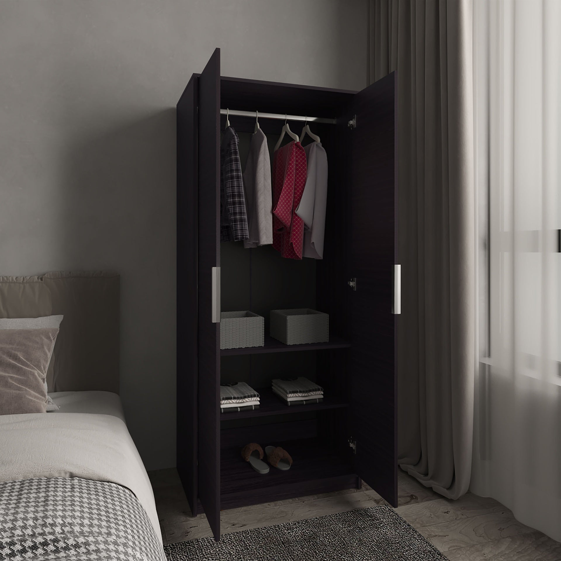 Wenden Armoire Double Doors, Hanging Rod And Interior Shelves, Freestanding Modern Wardrobe, Black