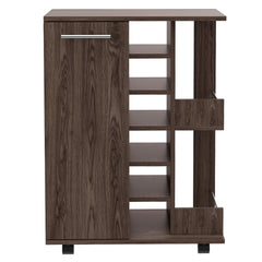 Bar Cart, Two External Shelves, Four Casters, Six Built-in Wine Rack, Single Door Cabinet -Dark Walnut
