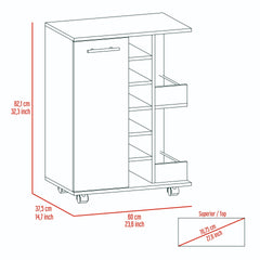 Bar Cart, Two External Shelves, Four Casters, Six Built-in Wine Rack, Single Door Cabinet -Dark Walnut