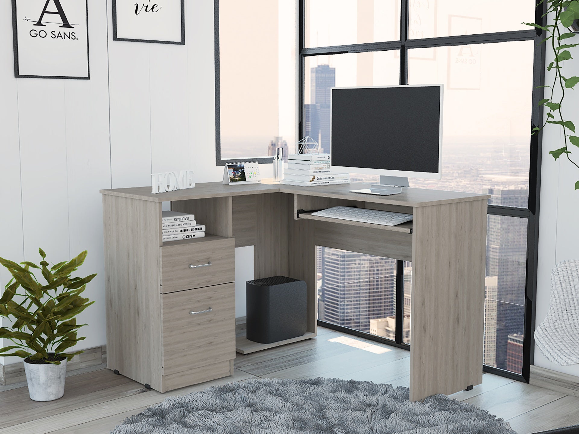 Mix L-Shaped Desk, Keyboard Tray, Two Drawers, Single Open Shelf -Light Gray