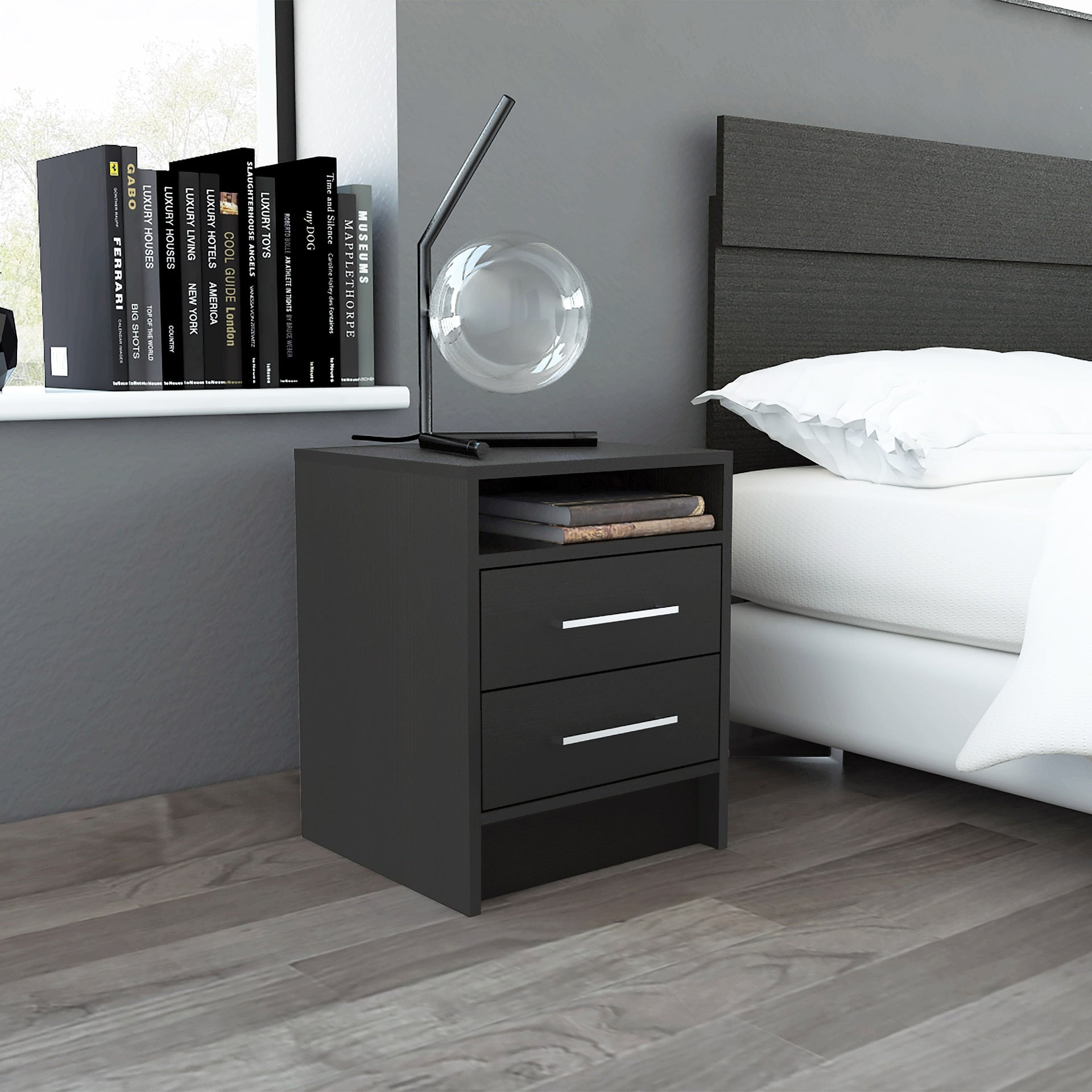 Eter Nightstand , End Table, Side Table Superior Top, Two Drawers -Black