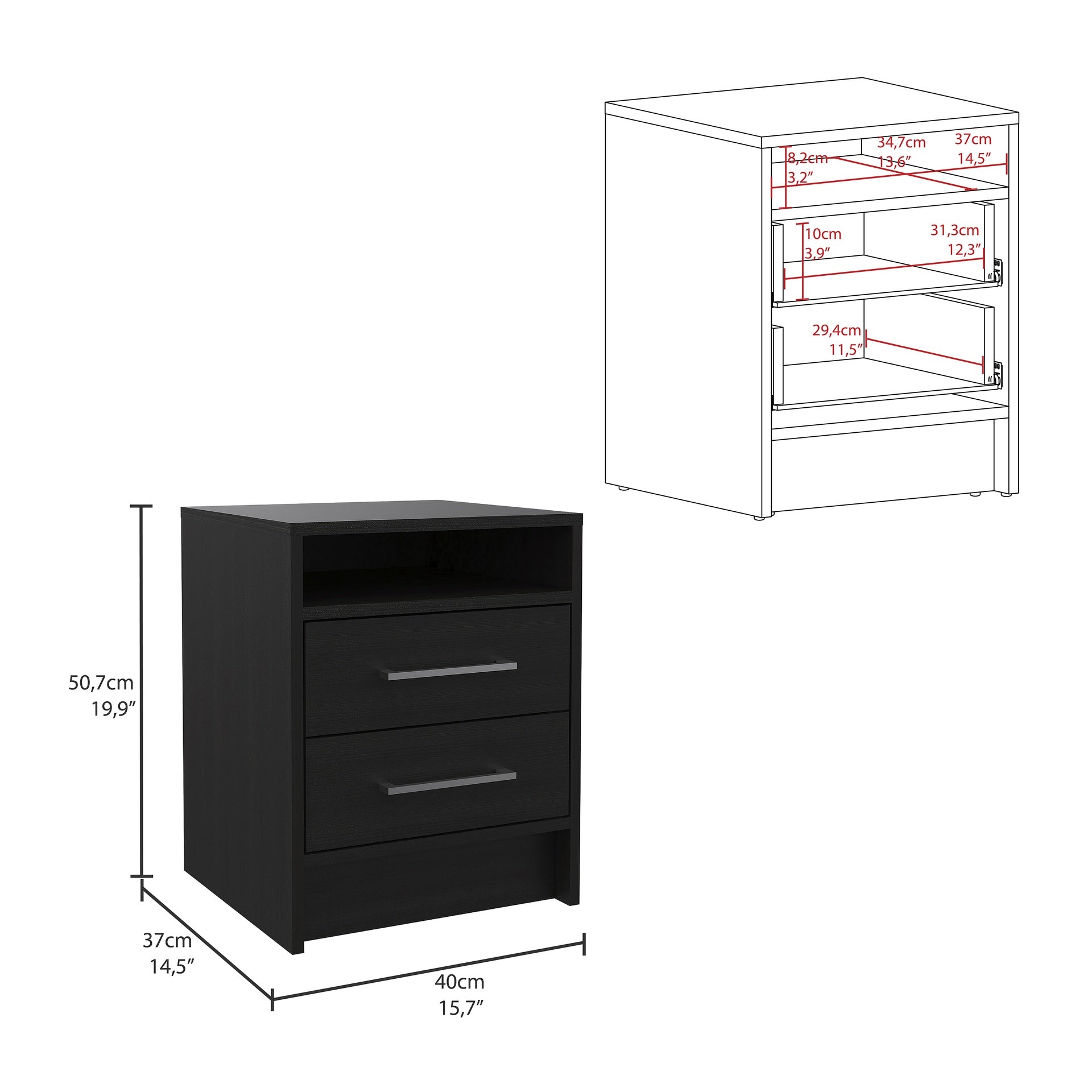 Eter Nightstand , End Table, Side Table Superior Top, Two Drawers -Black