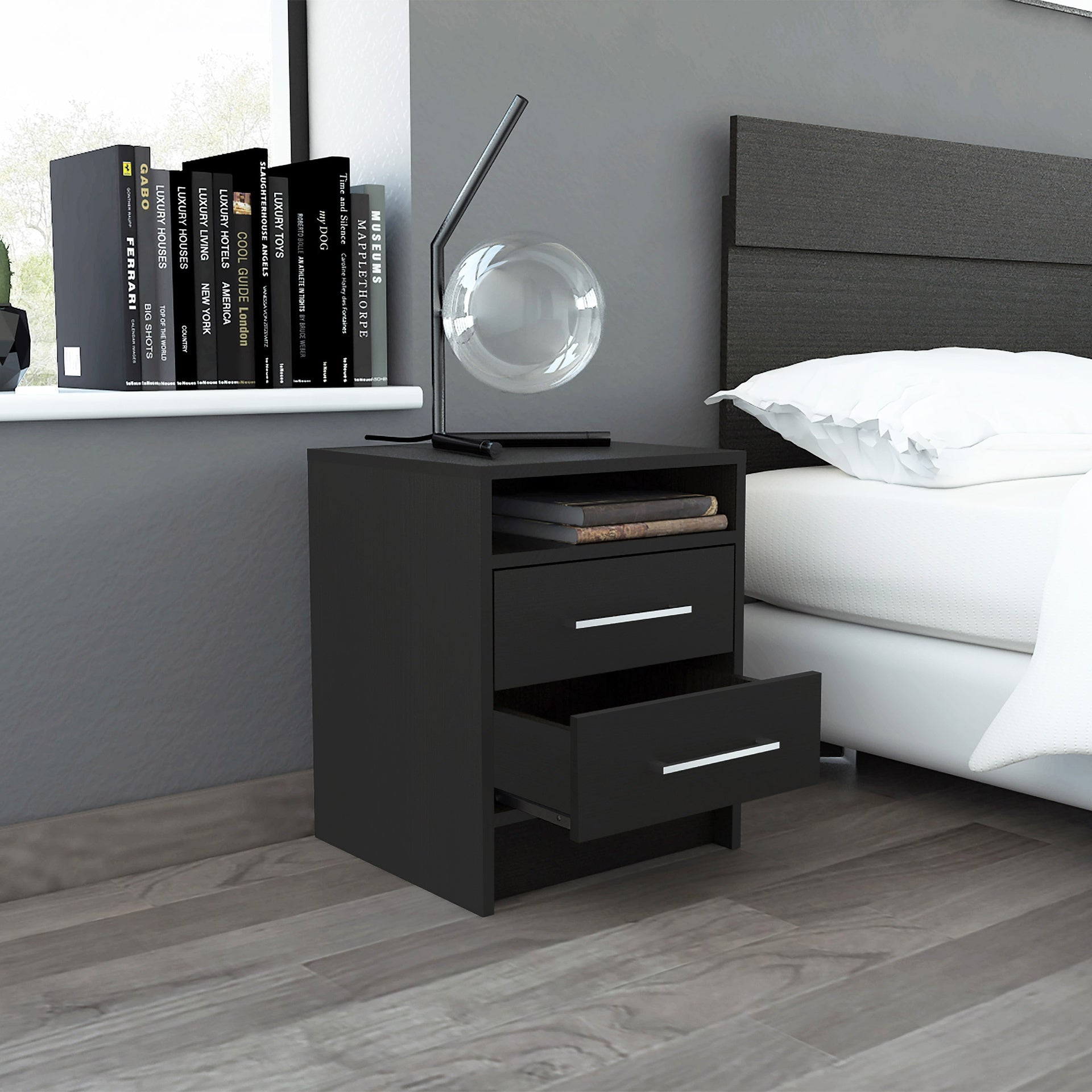 Eter Nightstand , End Table, Side Table Superior Top, Two Drawers -Black