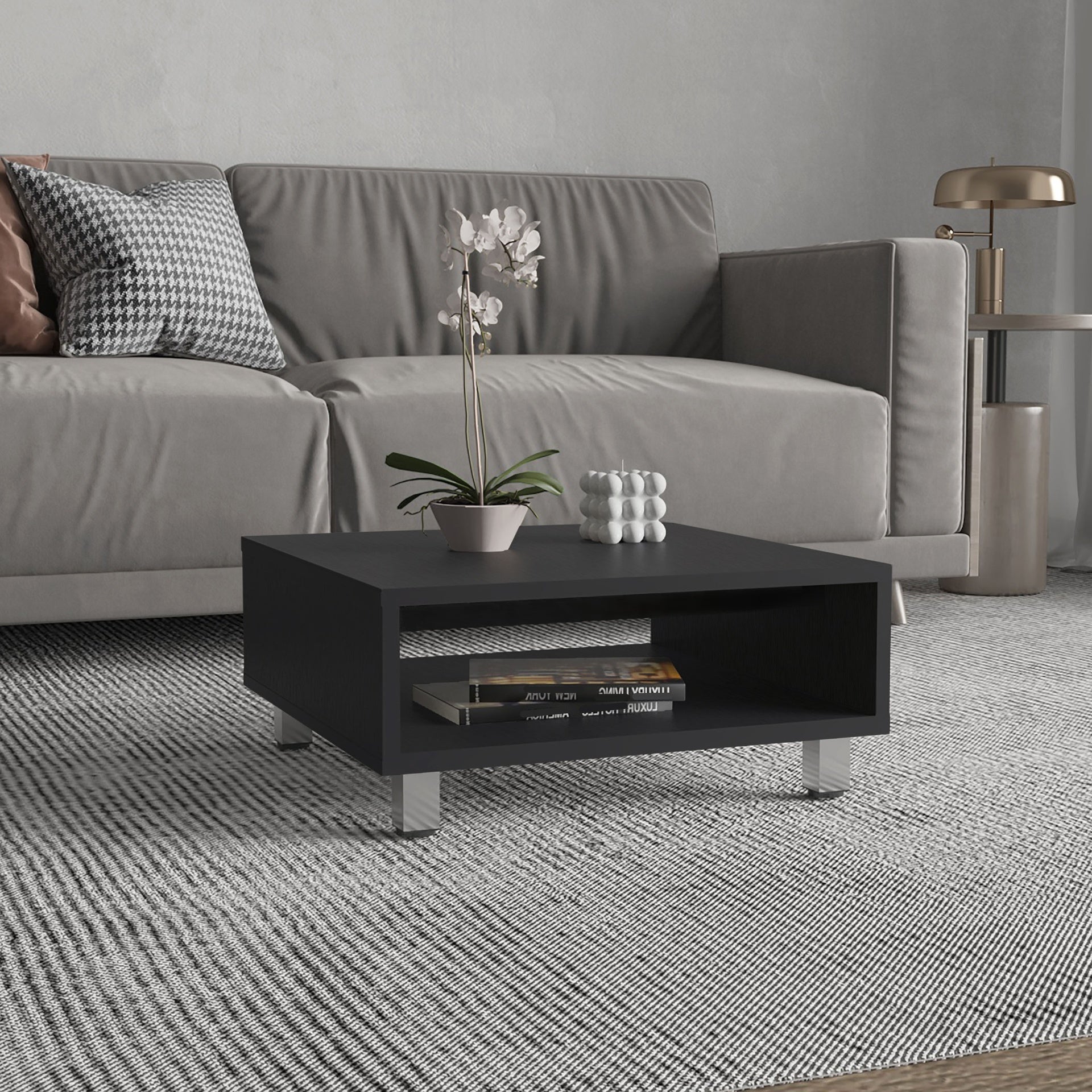 Eclipse 10" H Low Minimalistic Square Coffe Table with Open Storage Black
