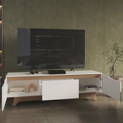Woodall Tv Stand, Two Doors Modern Entertainment Center, Open Shelves And Cable Management, White/ Natural Oak