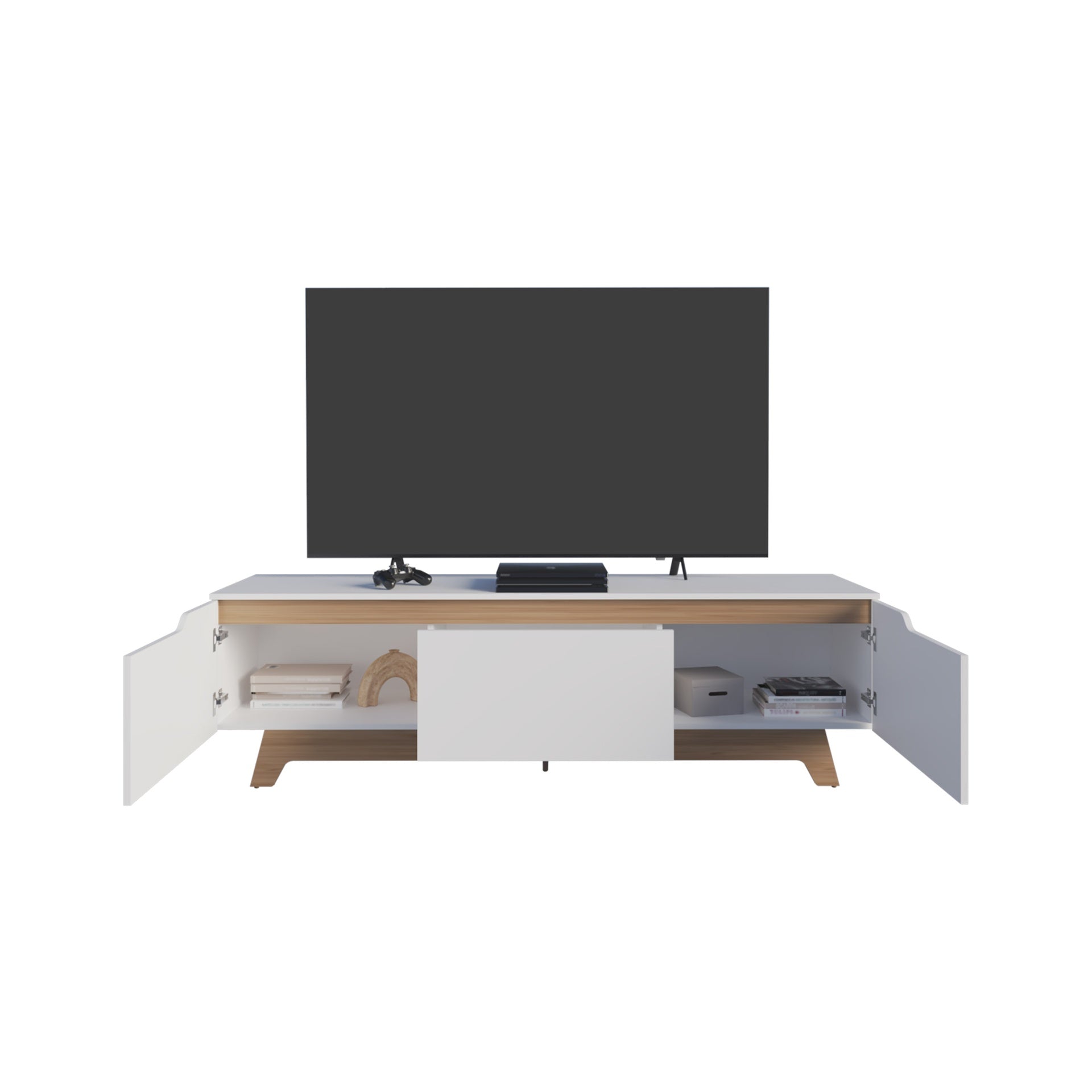 Woodall Tv Stand, Two Doors Modern Entertainment Center, Open Shelves And Cable Management, White/ Natural Oak