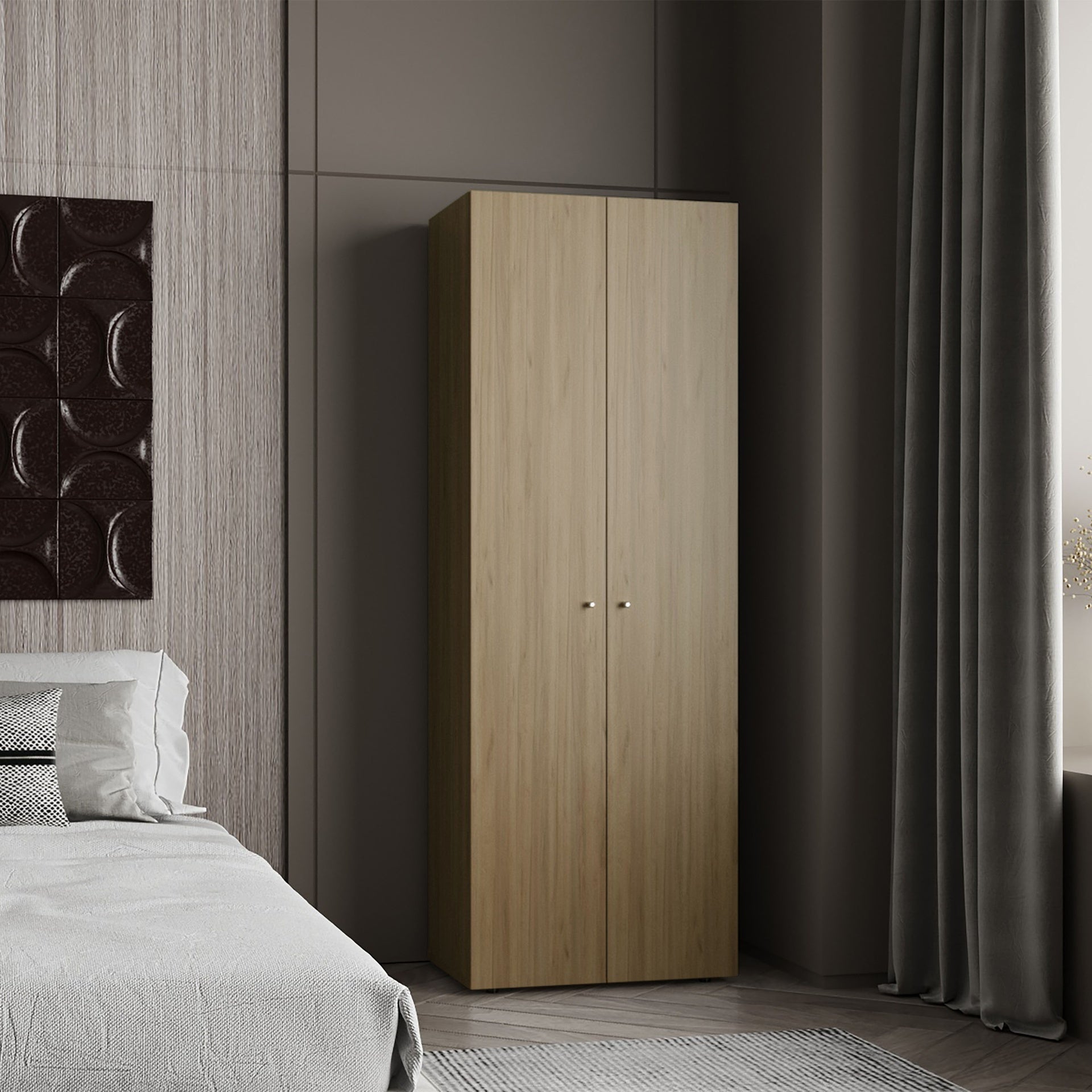 Home 2 Door Closet System, Four Fixed Shelves, Compact Wardrobe for Bedroom Organization, Laundry Room Organization, Utility Room Organization, Freestanding Storage Furniture, Natural Oak