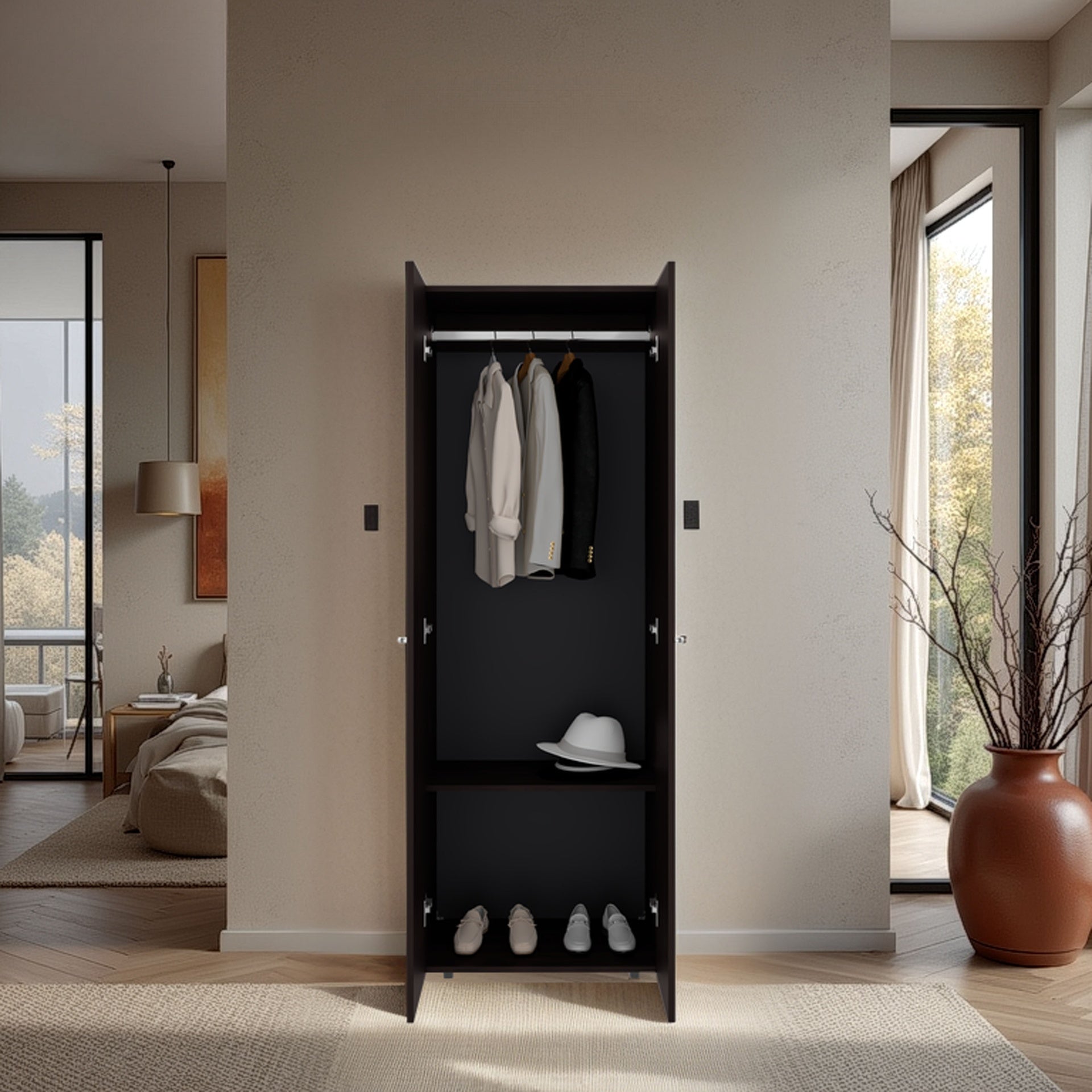 Home 2 Doors Closet System Armoire, Hanging Rod and Storage Shelf, Modern Armoire for Bedroom Organization Storage, Stained Walnut