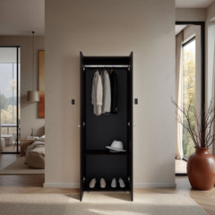 Home 2 Doors Closet System Armoire, Hanging Rod and Storage Shelf, Modern Armoire for Bedroom Organization Storage, Stained Walnut