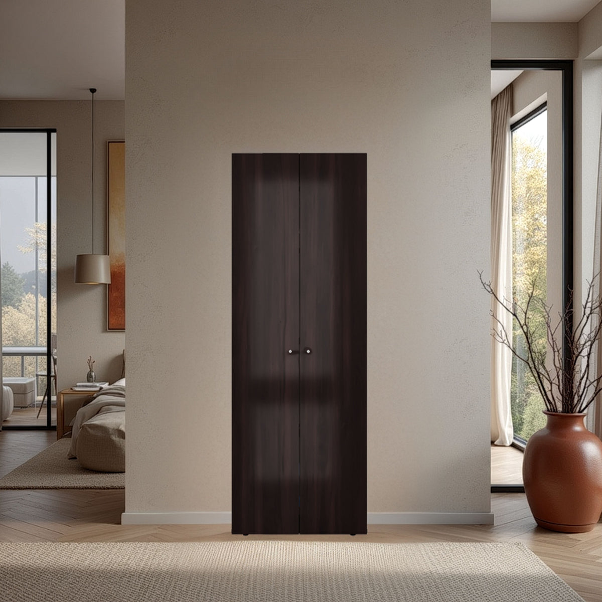 Home 2 Doors Closet System Armoire, Hanging Rod and Storage Shelf, Modern Armoire for Bedroom Organization Storage, Stained Walnut