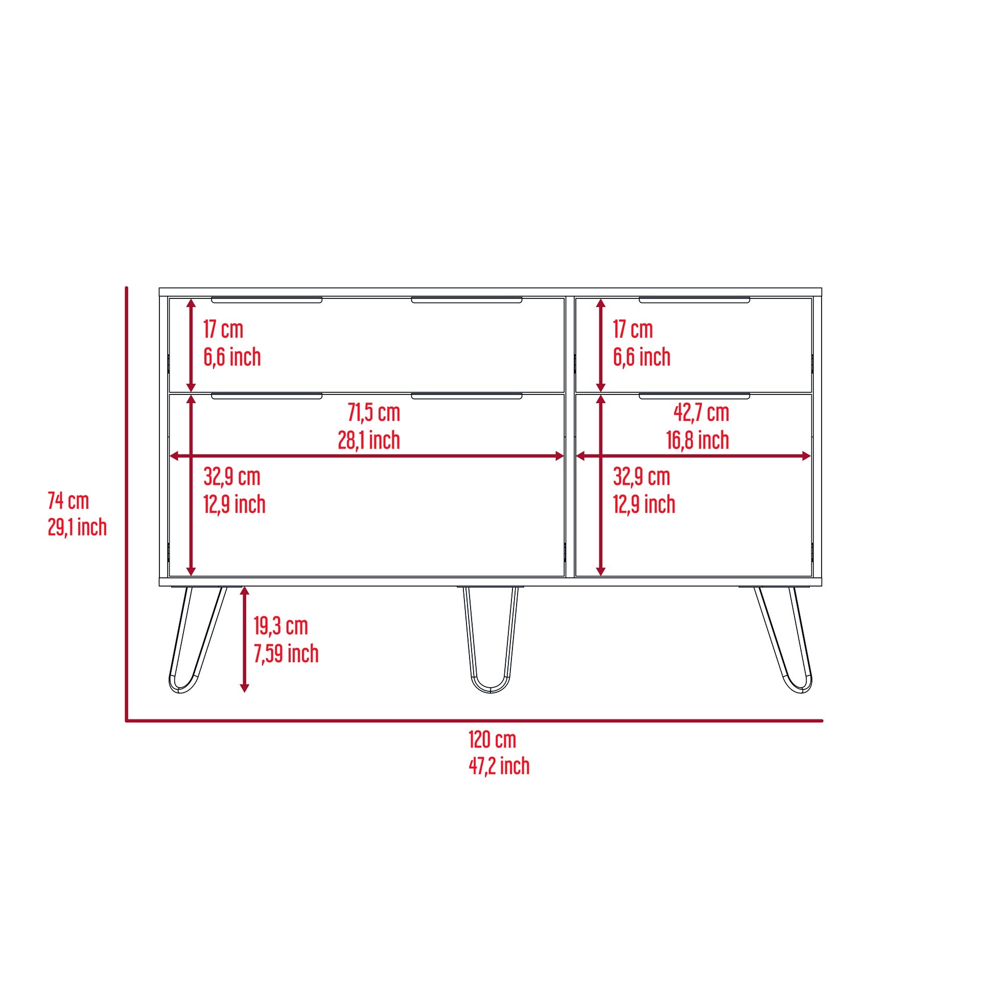 Augusta Double Dresser, Superior Top, Hairpin Legs, Four Drawers Light Oak