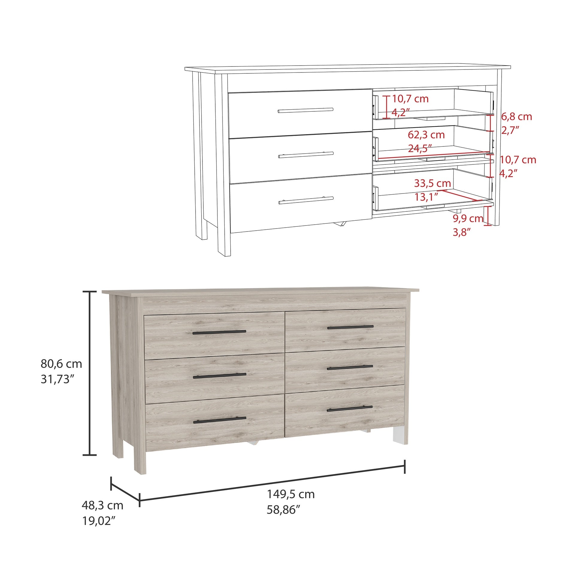 Hms 6 Drawer Double Dresser, Four Legs, Superior Top, Six Drawers -Light Gray