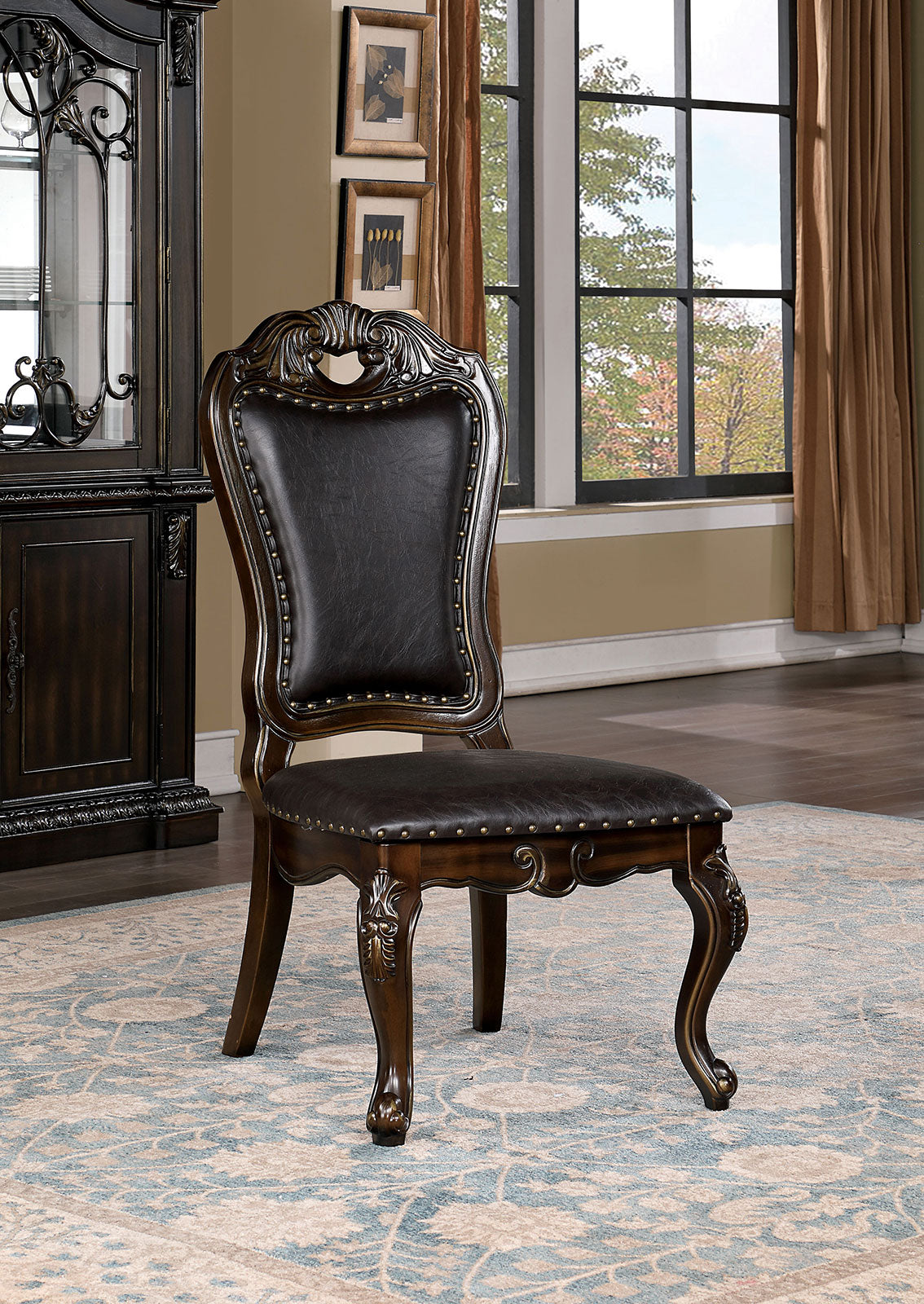 Traditional Classic Design 2pcs Side Chairs Walnut Solid wood Dining Room Dark Brown Leatherette Seats Formal Furniture