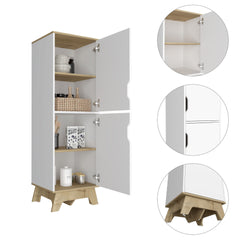 Pamplona Microwave Tall Cabinet Counter Surface, Top And Lower Double Doors Cabinets -Light Oak / White
