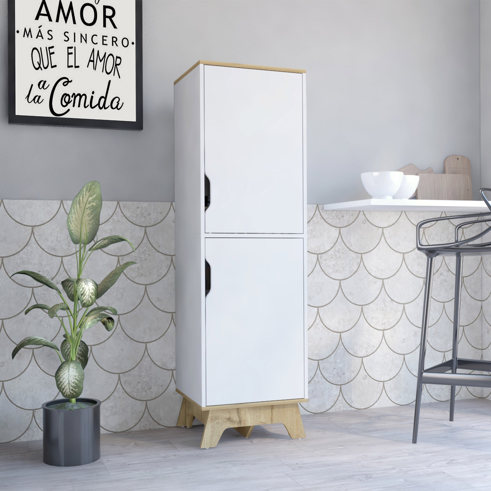 Pamplona Microwave Tall Cabinet Counter Surface, Top And Lower Double Doors Cabinets -Light Oak / White