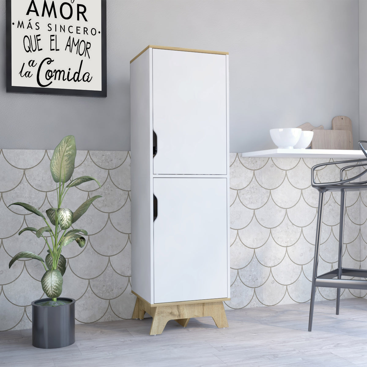 Pamplona Microwave Tall Cabinet Counter Surface, Top And Lower Double Doors Cabinets -Light Oak / White