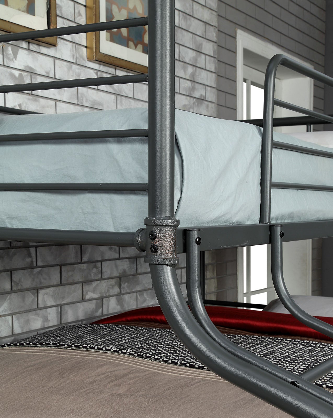Twin Over Full Over Queen Unique Industrial Style Bunk Bed Full Metal Structure Upper Beds Guard Rails Attached Curved Ladder Antique Black Finish