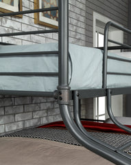 Twin Over Full Over Queen Unique Industrial Style Bunk Bed Full Metal Structure Upper Beds Guard Rails Attached Curved Ladder Antique Black Finish