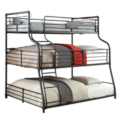 Twin Over Full Over Queen Unique Industrial Style Bunk Bed Full Metal Structure Upper Beds Guard Rails Attached Curved Ladder Antique Black Finish