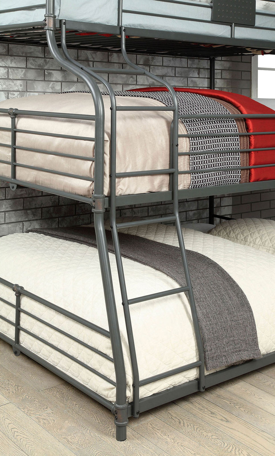 Twin Over Full Over Queen Unique Industrial Style Bunk Bed Full Metal Structure Upper Beds Guard Rails Attached Curved Ladder Antique Black Finish