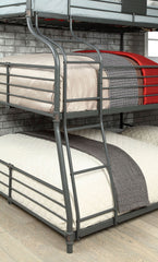Twin Over Full Over Queen Unique Industrial Style Bunk Bed Full Metal Structure Upper Beds Guard Rails Attached Curved Ladder Antique Black Finish