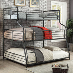 Twin Over Full Over Queen Unique Industrial Style Bunk Bed Full Metal Structure Upper Beds Guard Rails Attached Curved Ladder Antique Black Finish