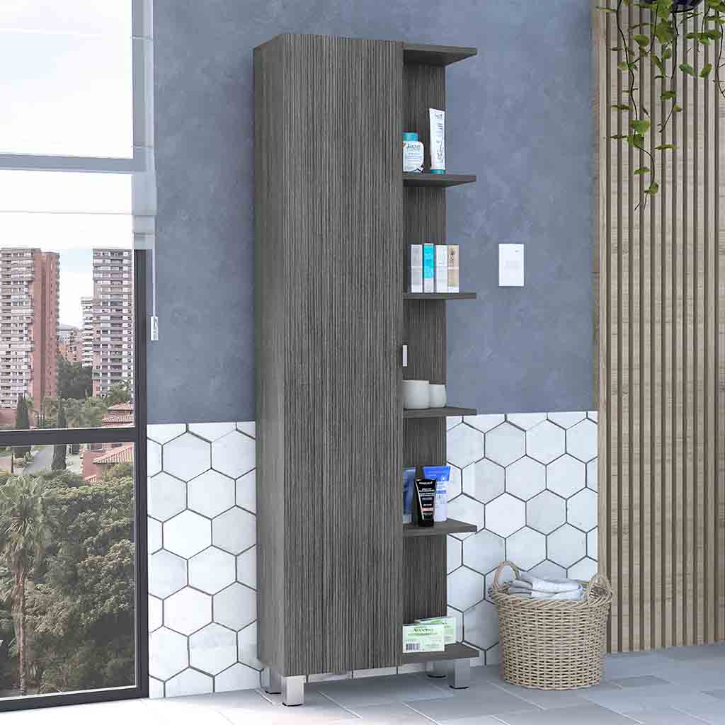 Urano Mirror Linen Cabinet, Four Interior  Shelves, Five External Shelves -Smokey Oak