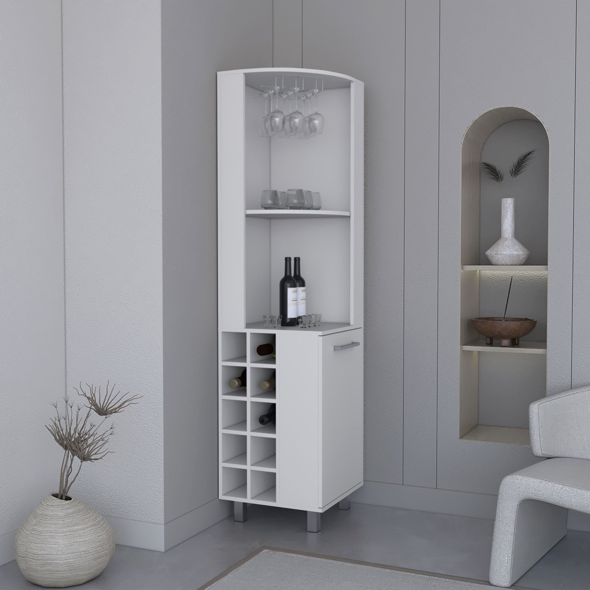 Kaia 70" Tall Corner Bar Cabinet With Four Shelves, Ten Wine Bottle Cubbies and Stemware in White