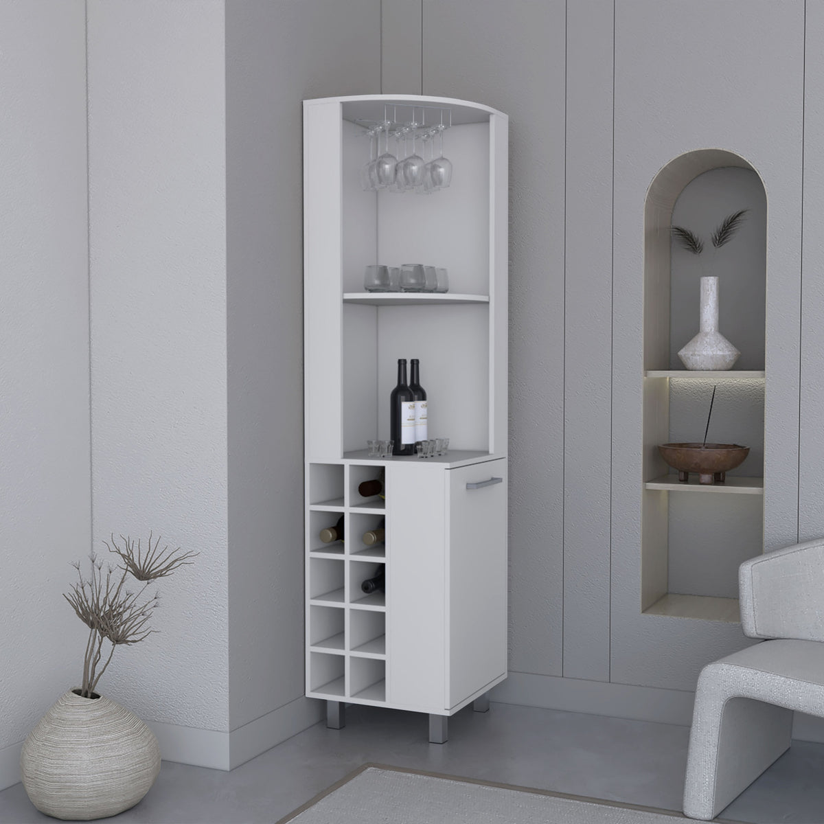Kaia 70" Tall Corner Bar Cabinet With Four Shelves, Ten Wine Bottle Cubbies and Stemware in White