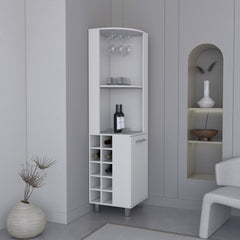Kaia 70" Tall Corner Bar Cabinet With Four Shelves, Ten Wine Bottle Cubbies and Stemware in White