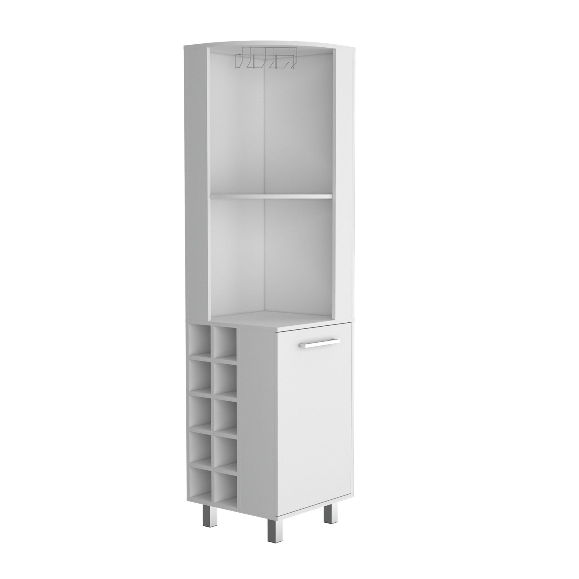 Kaia 70" Tall Corner Bar Cabinet With Four Shelves, Ten Wine Bottle Cubbies and Stemware in White