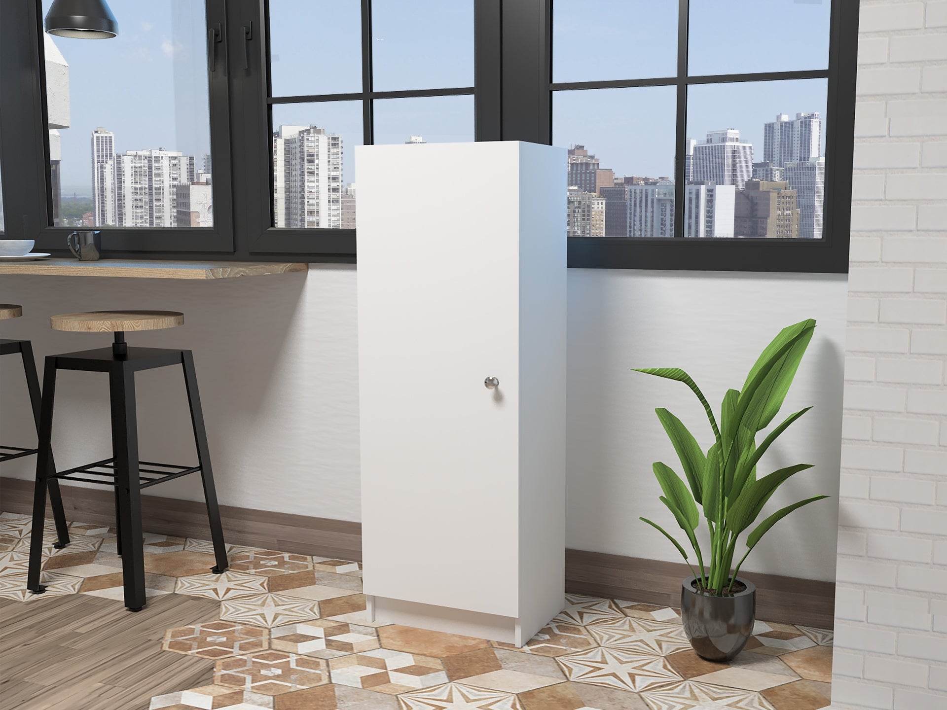 Belleria Single Door Pantry Storage Cabinet with Four Interior Shelves  -White