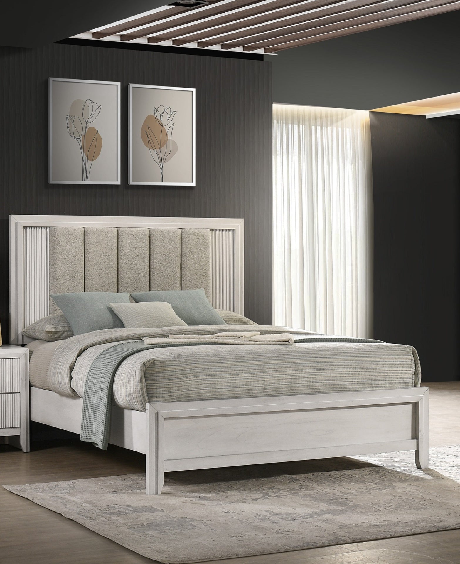 1pc King Size Bed Mist White Finish Sleek Linear Details Plush Upholstered Headboard Framed Wooden Bedroom Furniture
