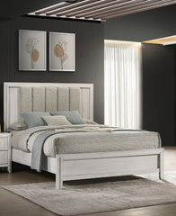 1pc King Size Bed Mist White Finish Sleek Linear Details Plush Upholstered Headboard Framed Wooden Bedroom Furniture
