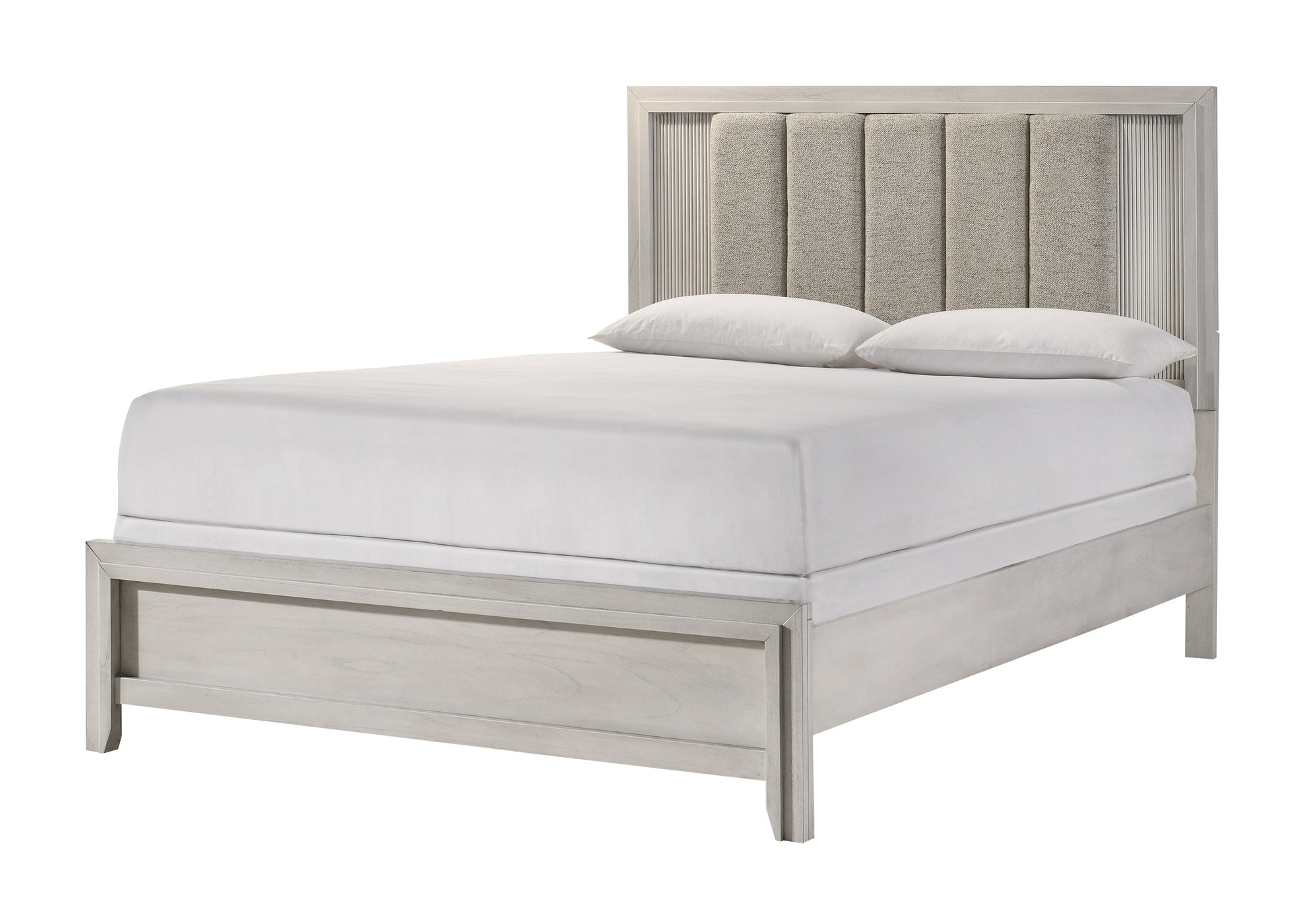 1pc King Size Bed Mist White Finish Sleek Linear Details Plush Upholstered Headboard Framed Wooden Bedroom Furniture