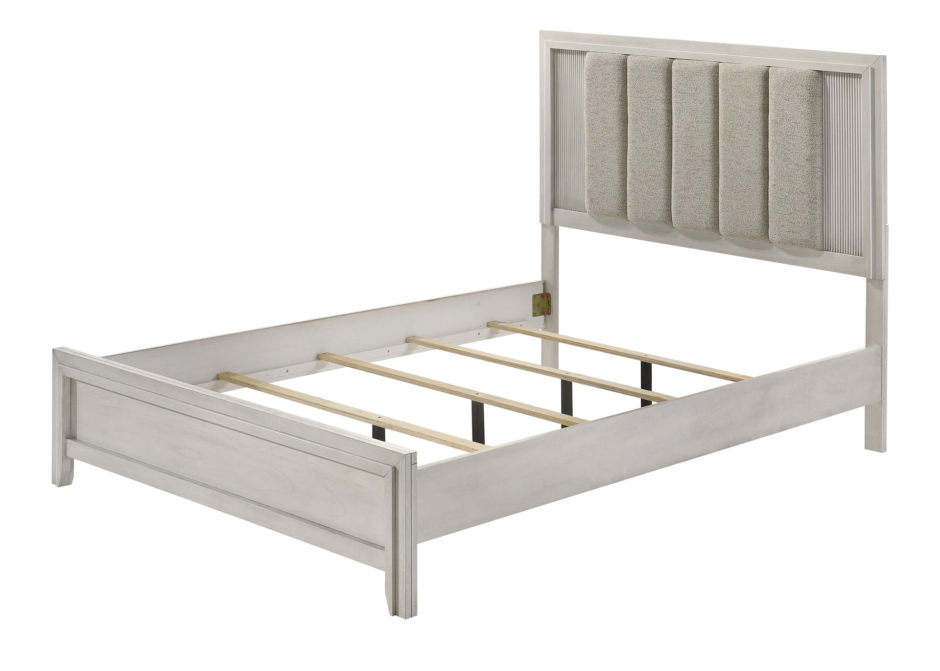 1pc King Size Bed Mist White Finish Sleek Linear Details Plush Upholstered Headboard Framed Wooden Bedroom Furniture