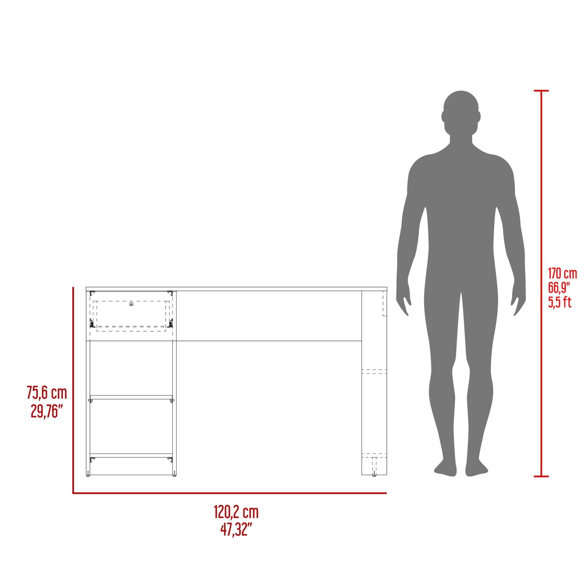 120-Home  47" Wide One Drawer Desk , Four Shelves, Writting Desk, Gamer Desk, Home Office, Living Room White