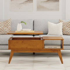 Draper 48 inch Wide Solid Wood Lift Top Coffee Table in Teak Brown