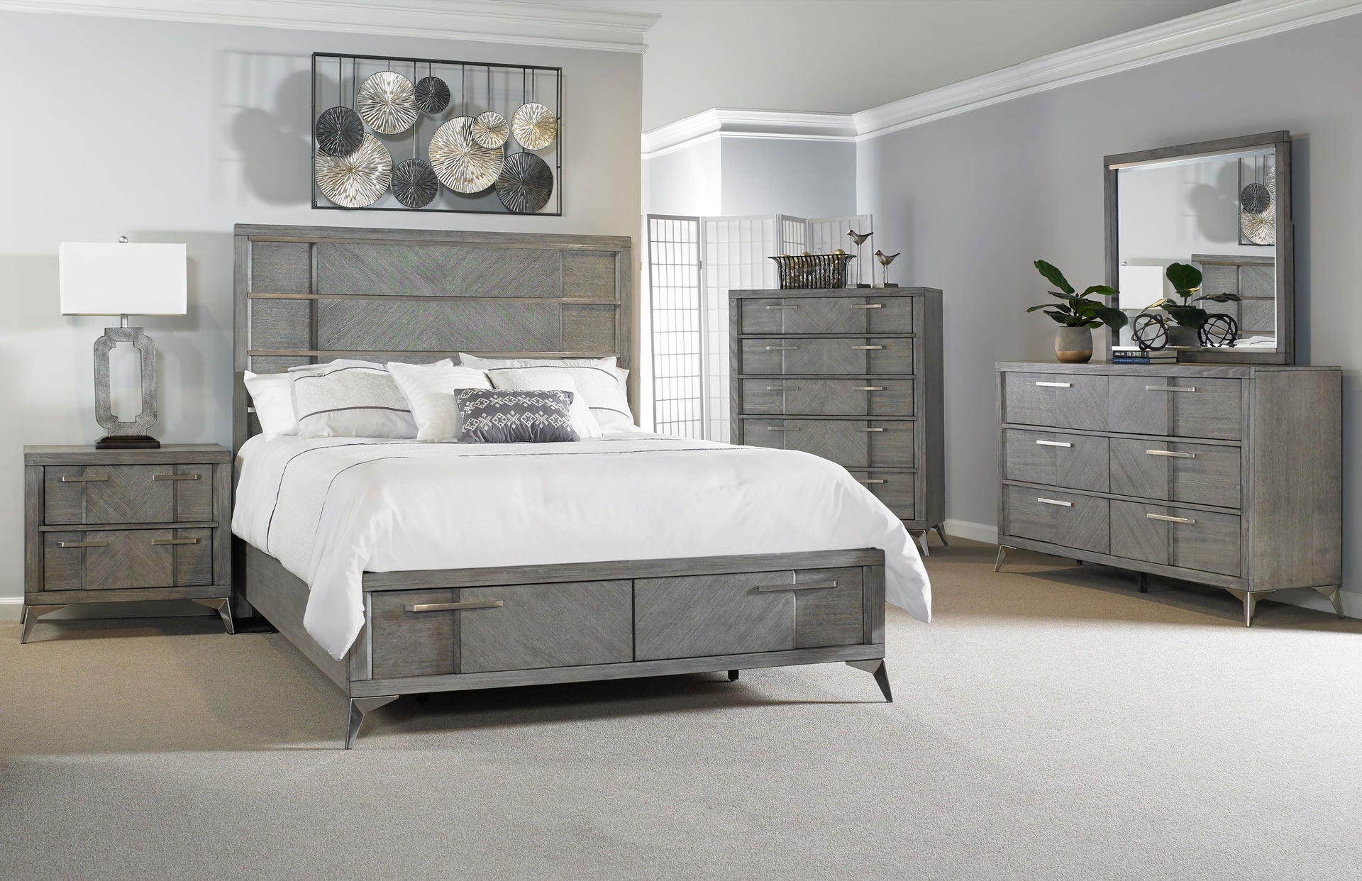 Gray King Storage Bed W/ Book matched Veneer