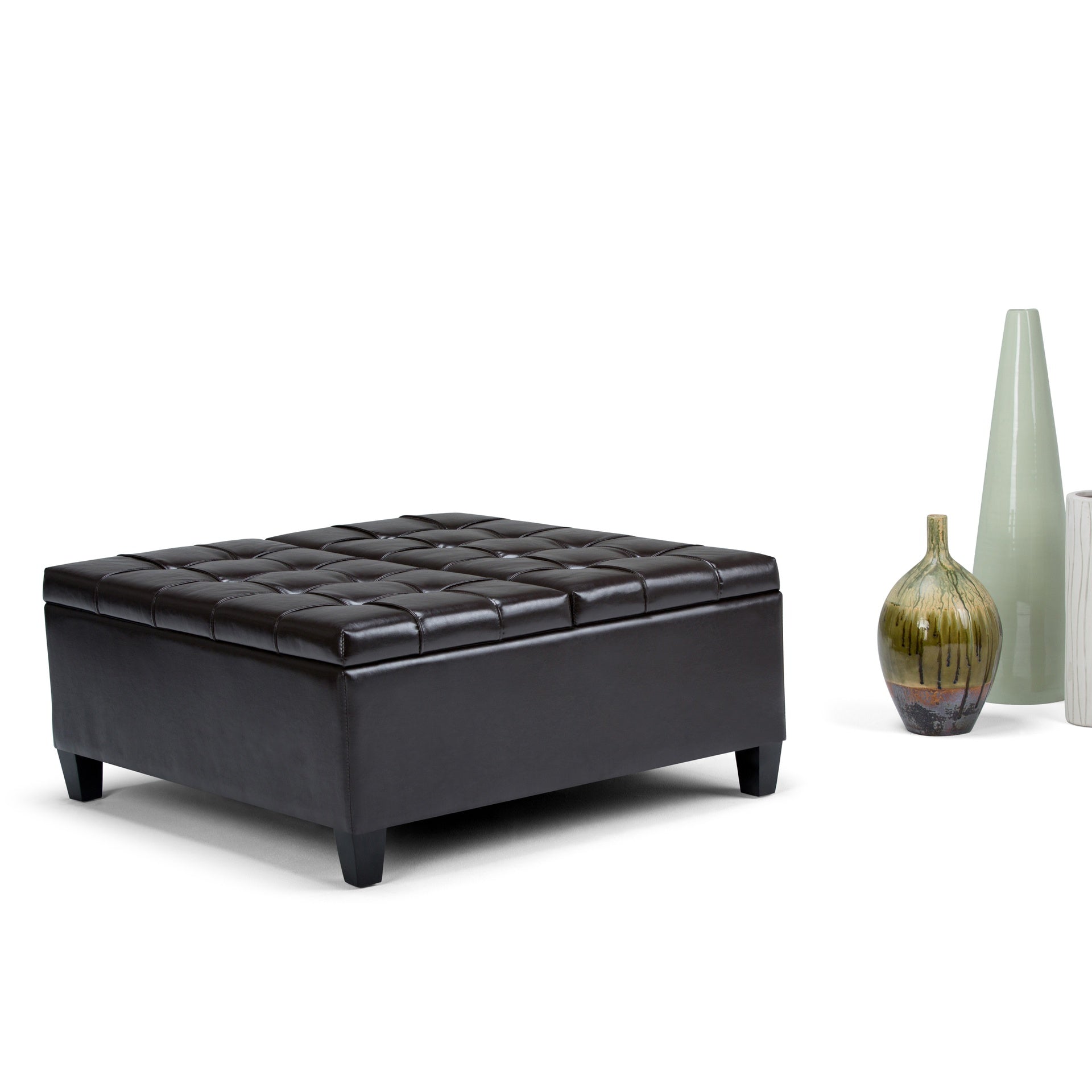 Harrison 36 inch Wide Coffee Table Storage Ottoman in Tanners Brown Vegan Leather