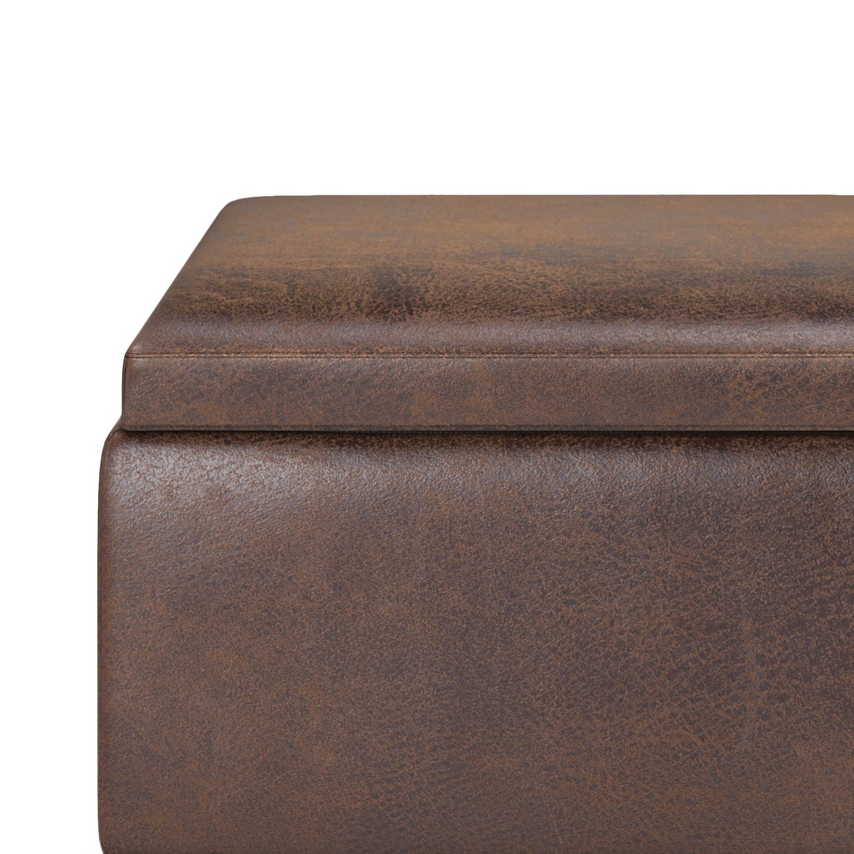 Owen 34 inch Wide Tray Top Small Coffee Table Storage Ottoman in Distressed Chestnut Brown Vegan Leather