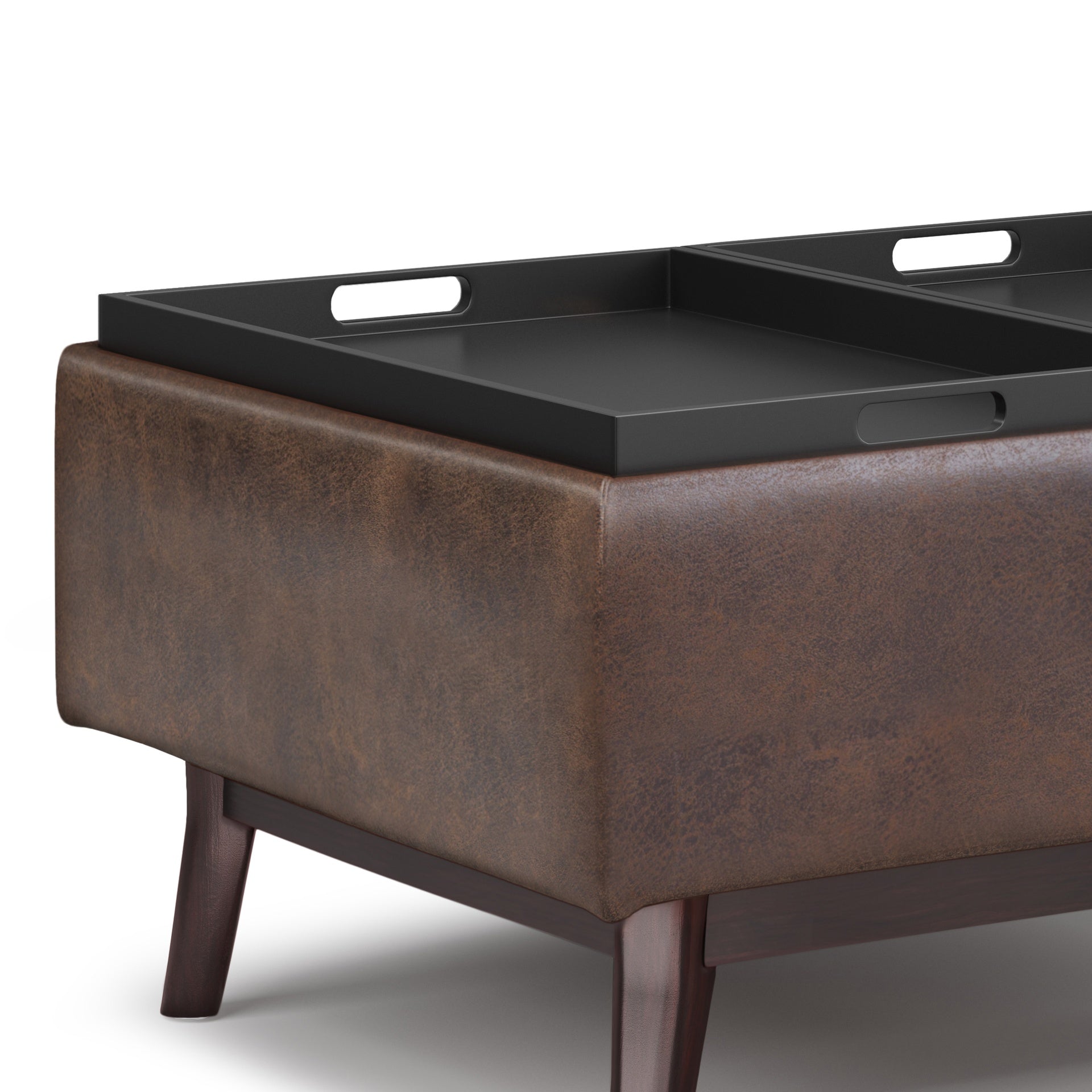 Owen 34 inch Wide Tray Top Small Coffee Table Storage Ottoman in Distressed Chestnut Brown Vegan Leather