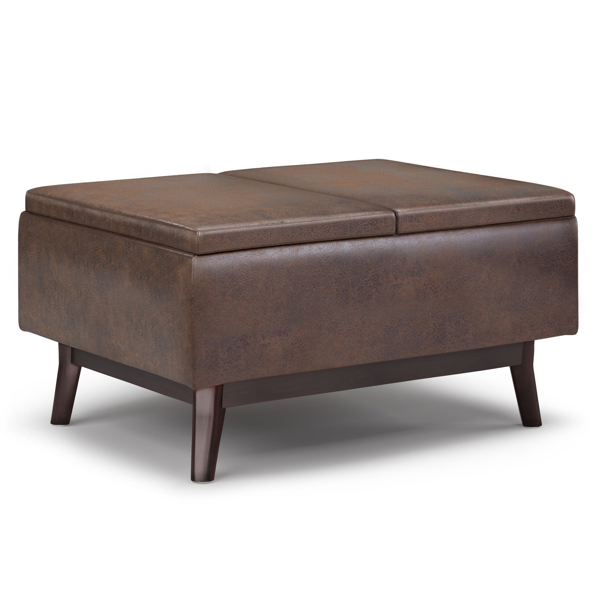 Owen 34 inch Wide Tray Top Small Coffee Table Storage Ottoman in Distressed Chestnut Brown Vegan Leather
