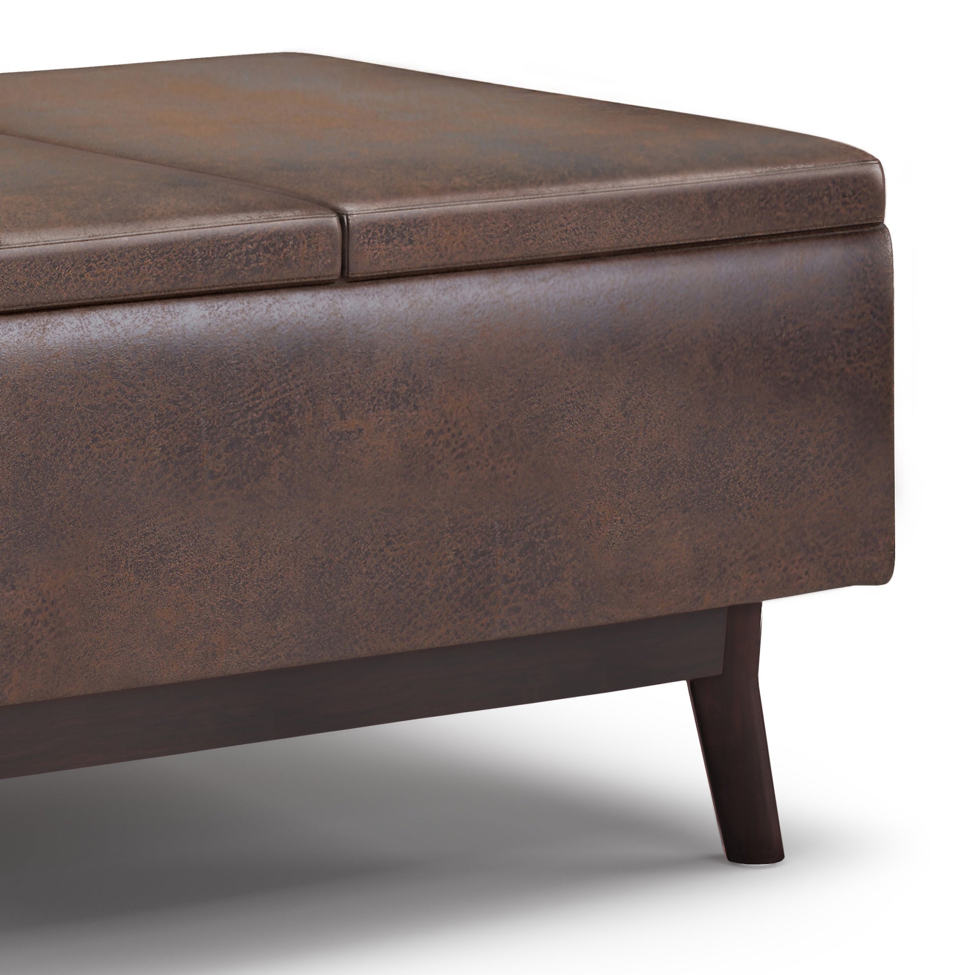 Owen 34 inch Wide Tray Top Small Coffee Table Storage Ottoman in Distressed Chestnut Brown Vegan Leather