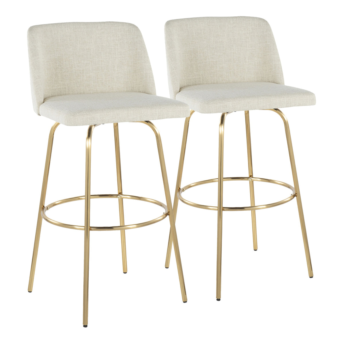 Toriano 30" Contemporary Fixed-Height Barstool with Swivel in Cream Fabric and Gold Metal with Round Footrest by LumiSource - Set of 2