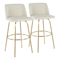 Toriano 30" Contemporary Fixed-Height Barstool with Swivel in Cream Fabric and Gold Metal with Round Footrest by LumiSource - Set of 2