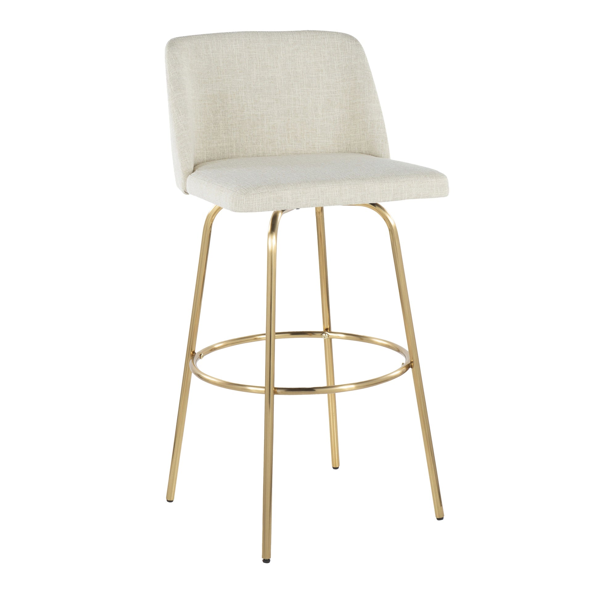 Toriano 30" Contemporary Fixed-Height Barstool with Swivel in Cream Fabric and Gold Metal with Round Footrest by LumiSource - Set of 2