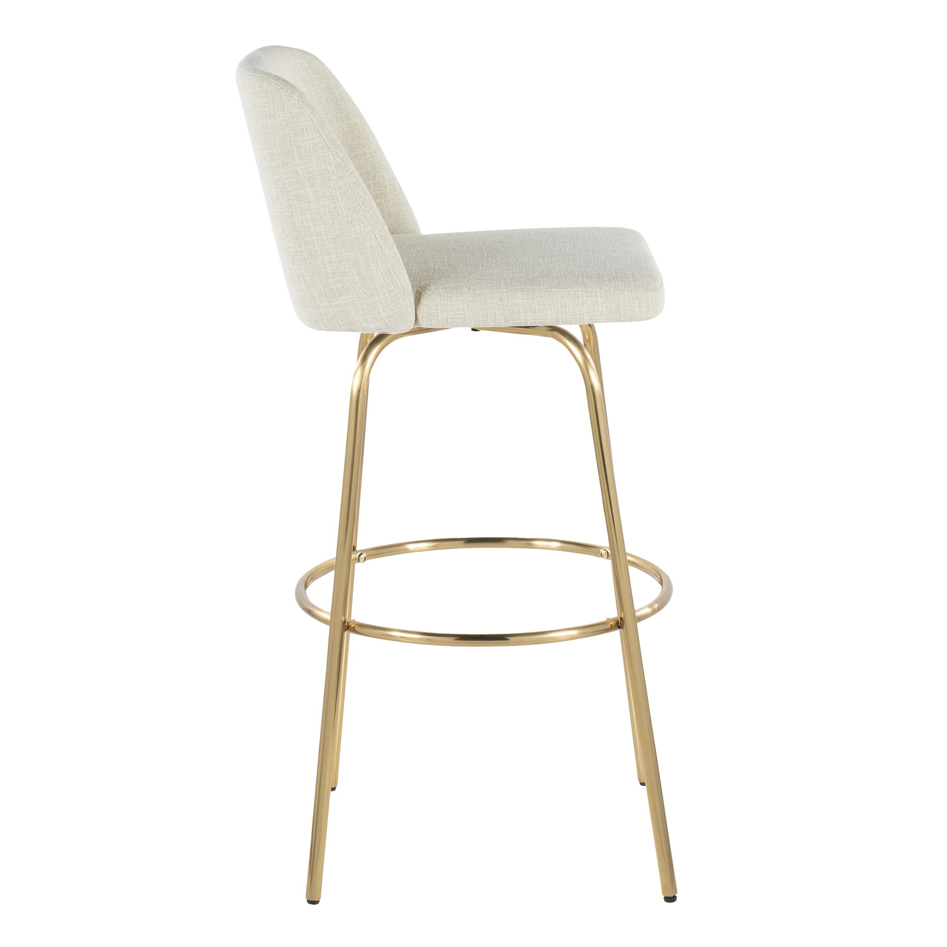 Toriano 30" Contemporary Fixed-Height Barstool with Swivel in Cream Fabric and Gold Metal with Round Footrest by LumiSource - Set of 2